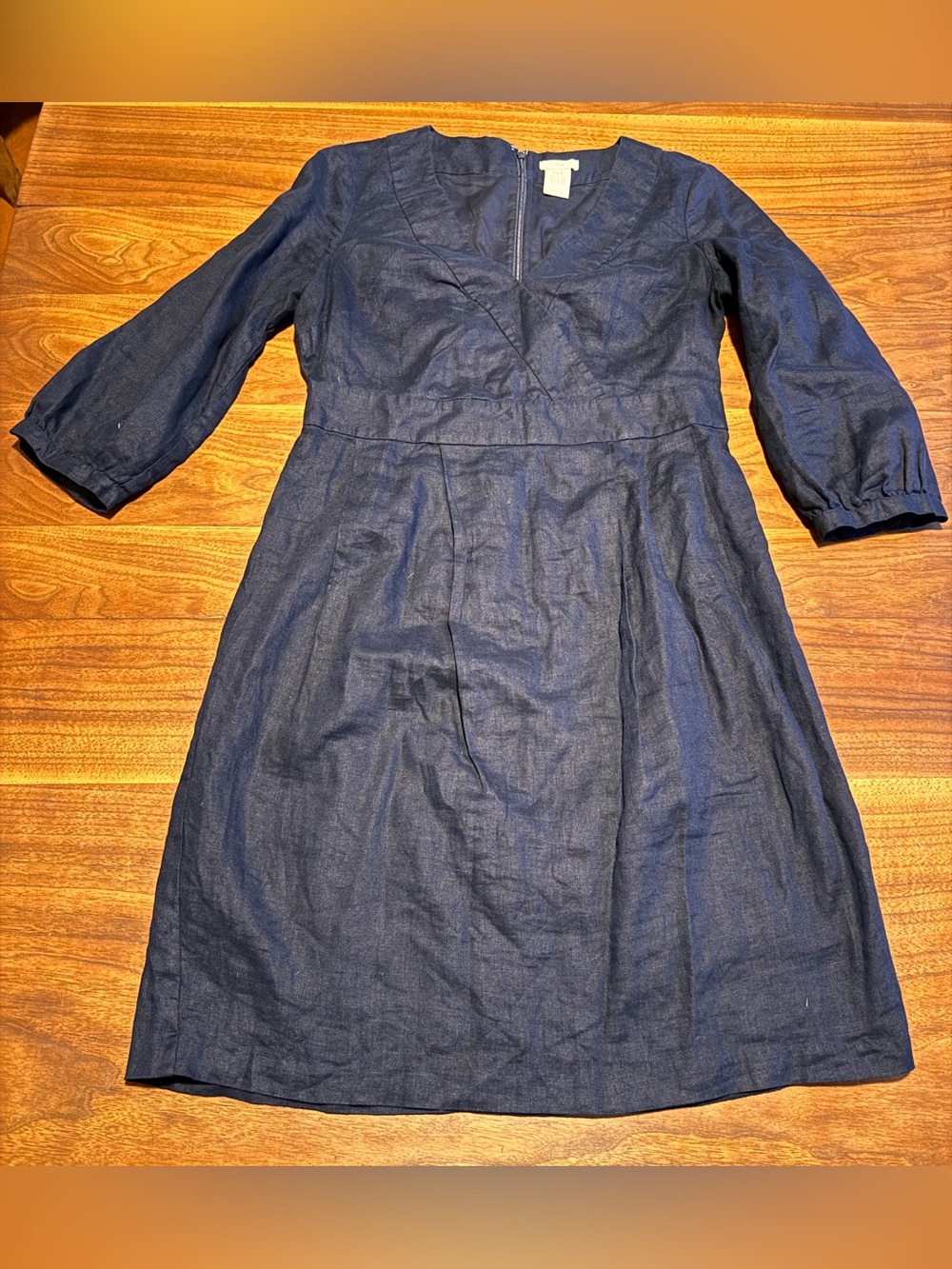 Gap 100% Linen Lined Dress with Crossover Bodice in Navy 3/4 Sleeves in EUC, 6